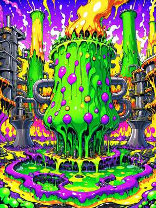 A psychedelic cartoon nuclear waste power plant melting, full on comical crazy nuclear cartoon Meltdown, best quality, CartooNuclear Meltdown style