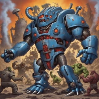 Monstrous robot monster robots fighting trolls and ogres in a Demented strange deranged sci fi fantasy fusion of fantastical outlandish proportions,

,Disastartoon
