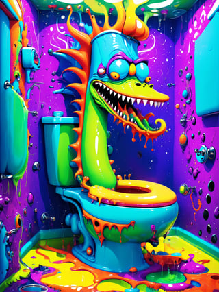 A crazy cool comical cartoon creature, vivid psychedelic bathroom humor, best quality, CartooNuclear Meltdown style 