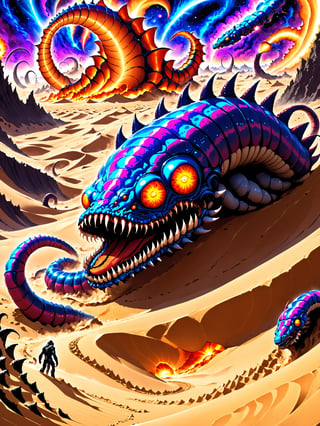 Ultra detailed, cinematic, epic, intricate, elaborate, masterpiece composition, sci fi, Cosmic sunrise over vast sprawling rolling sand dunes, crepuscular vibrance,  eruption of prismatic sand as giant sand burrowing monster worm creature erupts from below, no eyes, many rows teeth, lamprey vibes, dune, sci fi, comic cartoon, book series, emergence of massive sandworm alien worm monster, dune frank herbert, aeon flux art style, amogamation, Fizzlespell style,CartooNuclear Meltdown style