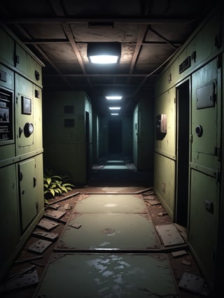 Something lurking in the shadows of this abandoned military science facility underground bunker, you are not alone, pitch black darkness only your flashlight illuminating,  1st person pov video game survival horror style, Disastartoon 