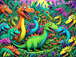 Dinosaurs, insane crazy whimsical wacky comical crazy cartoon Dinosaur debauchery, jam packed jurassic fantastic classic, comic cartoon psychedelic silly wonder, intricate, ultra-detailed, best quality, CartooNuclear Meltdown style, ,alien