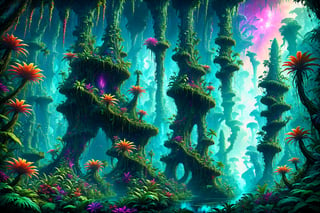A truly bizarre and beautiful vast breathtaking scene appears before your eyes, envision emerging from a dense jungle canopy to the ledge of a towering cliff overlooking a crazy psychedelic otherworldly alien jungle valley, with lush tropical extraterrestrial jungle overgrowth, crazy colored trippy vines and giant wacky carnivorous plants, a radiant shimmering waterfall from a distant world, bizarre alien jungle creatures and flora and fauna, a central ancient overgrown alien temple to a forgotten god spires up from the entanglement of indigenous color vines, as if reaching towarda the astonishingly beautiful jungle sunset sky full of cascading brilliance of sunset colors, as far as the eye can see vibrant lush dense beautiful jungle tropical towering trees and plants and cliffs litter the horizon, and all around you are the most colorful beautiful tropical cosmic flowers and blooming oddities of the plant kingdom on this far away wild untamed jungle planet, ultra-detailed, ultra awesome trippy colors, absurdres so absurd resolution, best quality, sharp clear and defined yet a trippy psychedelic overtone brings it all together perfectly blended to smooth eye pleasing perfection, flawless, exotic, lush magical cosmic enchanted psychedelic dense tropical rainforest jungle world, psychedelic alien worlds, sprawling cosmic colorscapes 