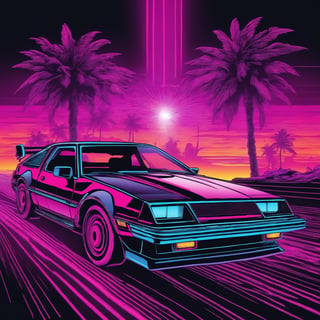 High speed high octane insane 80s outrun retro car chase scene in vivid 80s psychedelic vector laser line art style with vivid synthwave psychedelic vibes,

,Disastartoon