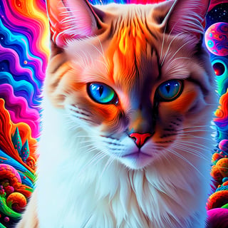 Psychedelic siamese space cat staring intently directly at you, soul piercing gaze, deep in thought, trippy, colorful, crazy colors, cat nip acid trip, lsd dmt mdma 2cb hallucinatory psychedelic visual effects, whimsical, crazy, wacky, awesome, ultra-detailed, absurdres, best quality, vivid colors, vivid blue eyes, psychedelic alien worlds, sprawling cosmic colorscapes
