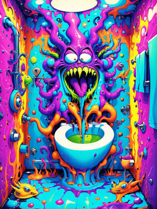 A crazy cool comical cartoon creature, vivid psychedelic bathroom humor, best quality, CartooNuclear Meltdown style 