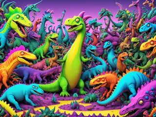 Dinosaurs, insane crazy whimsical wacky comical crazy cartoon Dinosaur debauchery, jam packed jurassic fantastic classic, comic cartoon psychedelic silly wonder, intricate, ultra-detailed, best quality, CartooNuclear Meltdown style, ,alien