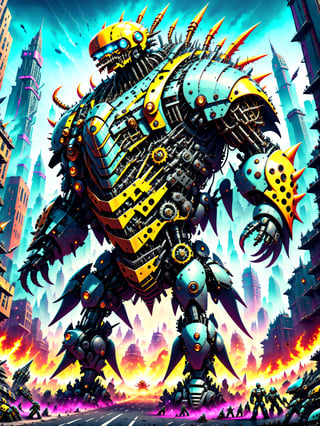 A massive looming gigantic killer robot, rampaging through a crowded city, smashing buildings, people fleeing in terror,  ultra intricate mechanical parts wires gears intricate inner workings, psychedelic to the max, best quality, CartooNuclear Meltdown style,2D