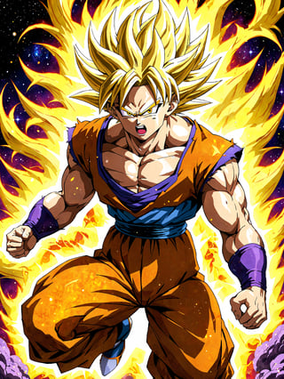  DragonBall Z, goku, freiza saga, 1st time super saiyan, torn clothes, radiant brilliant golden energy and aura, golden crazzy hair, glowing vibrant hard golden glow, super saiyan dbz namek freiza saga original super saiyan, stunning visuals, perfect, surreal hyper realistic meticulous Precisionism, ultra-detailed, best quality, masterpiece, Fizzlespell style,CartooNuclear Meltdown style