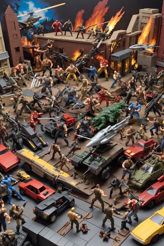 A bunch of early 1990s action figures fighting in epic grande sprawling toy battle scene with obvious satire of 80s and 90s action movies include joke mockery silly references to bloodsport, predator, top gun, rambo, cobra, total recall, last action hero, die hard, 5th element, commando, mock all those silly movies by a hilarious action figure battle display diorama combat style scene