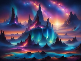 A distant world in a strange galaxy, vivid lush bizarre otherworldly overgrowth, ancient crumbling ruins, dark dead of night, shadowed, contrast, bioluminescent glow, soft fog, psychedelic star filled cosmic celestial sky, auroras vividly shimmering across the horizon, volcanic eruption in the distance, bubbling geysers of strange liquids, dreamy otherworldly brilliant cosmic sprawling vast expansive nightscape, intricately fine tuned meticulous methodical elaborate detailing, intense psychedelic strange plant life, radiant complex crowded night star filled sky, vivid astonishing colors, hyperrealistic surreal Precisionistic photorealism, mystical eerie awe inspiring alien world, giant strange crystalline formations that reflect the starlight and enhance the bizarre bioluminescent glow that dimly and ominously illuminates the scenery, take inspiration from keith Parkinson early works, bring this outlandish otherworld to life in strikingly smooth and visually stunning detail, unique and original, intriguing and mesmerizing, captivating creative complex composition ,Psychedelic alien worlds ,sprawling cosmic colorscapes ,Sprawling cosmic colorscapes 