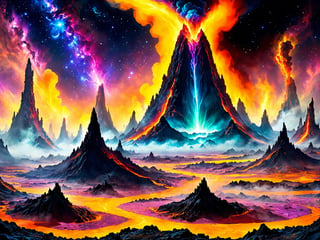 A distant world in a strange galaxy, vivid lush bizarre otherworldly overgrowth, ancient crumbling ruins, dark dead of night, shadowed, contrast, bioluminescent glow, soft fog, psychedelic star filled cosmic celestial sky, auroras vividly shimmering across the horizon, volcanic eruption in the distance, bubbling geysers of strange liquids, dreamy otherworldly brilliant cosmic sprawling vast expansive nightscape, intricately fine tuned meticulous methodical elaborate detailing, intense psychedelic strange plant life, radiant complex crowded night star filled sky, vivid astonishing colors, hyperrealistic surreal Precisionistic photorealism, mystical eerie awe inspiring alien world, giant strange crystalline formations that reflect the starlight and enhance the bizarre bioluminescent glow that dimly and ominously illuminates the scenery, take inspiration from keith Parkinson early works, bring this outlandish otherworld to life in strikingly smooth and visually stunning detail, unique and original, intriguing and mesmerizing, captivating creative complex composition ,Psychedelic alien worlds ,sprawling cosmic colorscapes ,Sprawling cosmic colorscapes , cinematic moviemaker style