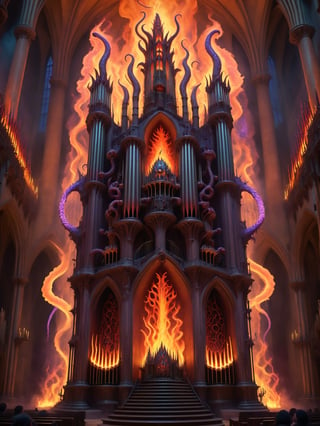 A crazy man playing a demon possessed hellish pipe organ, inside a creepy cathedral, with psychedelic flames shooting out of the pipes, phantoms, gothic, best quality, CartooNuclear Meltdown style 