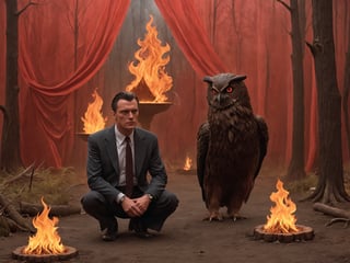  utilizing things like (hot black coffee), (cigarettes), (cherry pie), a (mysterious stop light), (((a blue rose))), (donuts), (otherworldly fire flame owls), (red velvet curtains), black and white zigzag patterned floors, and (strange old woods), utilize these and other twin peaks visual wonders to (((highlight and vividly define the mysterious horrifyingly powerful element of fire within twin peaks))), A horrifying mysterious mystical otherworldly ominous eerie weird wonderful and strange artistic interpretation of the element of fire within the realm of the original tv series Twin Peaks and subsequent film Fire Walk With Me, ultra-detailed, highest quality, best detail, vivid intricate elaborate fantastical masterwork unique original savant quality masterpiece composition, HD, 8k, raw, cinematic, epic, intense, incredible captivating enthralling visuals, luxurious textures, (haunting ethereal creepy undertones), a truly astonishing twin peaks fire element inspired creative complex composition, ((unnatural flaming owls watch with burning eyes from dark woods filled with fire and fog smoke)), (((a ring of white trees reveals a flaming portal through red velvet curtains to the realm of fire))), Disastartoon,Fizzlespell style ,Twin Peaks, FWWM, through the darkness of future's past the magician longs to see one chants out between two worlds fire walk with me , fire walk with me ,Through the darkness of futures past