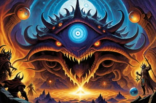 Xanathar, d&d beholder,  monster manual, d&d fantasy, beholder king, Beholders were immediately identifiable, being essentially a floating head with one single, cyclops-like eye surrounded by ten smaller eye stalks. Other than this, the main feature of a beholder's anatomy was its massive, gaping maw. Because of these features, beholders were occasionally known as "spheres of many eyes" or "eye tyrants, ((in the art style of concept art for the original video game planescape torment, in the art style of concept art from the original video game heroes of might and magic 3, cover art box art Everquest 1999 classic art style)), ultra-detailed, absurdres, masterpiece, best quality, best detail, vivid color  ,Psychedelic Insanity style 