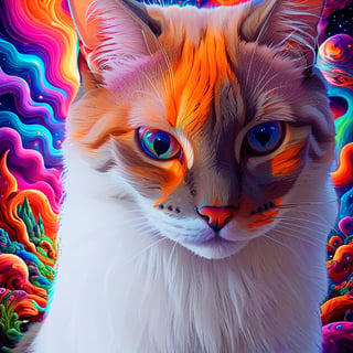 Psychedelic siamese space cat, staring intently, directly at you, soul piercing gaze, deep in thought, trippy, white orange gray colored fur, colorful, crazy cool vivid hot vibrant colors, on a cat nip acid trip, lsd dmt mdma 2cb hallucinatory psychedelic visual effects, as if viewer is on lsd dmt 2cb when looking at cat, whimsical, crazy, goofy, silly, kind of strange stupid funny weird look, wacky, awesome, peaking on psychedelic drugs, ultra-detailed, absurdres, best quality, vivid colors, vivid glowing mesmerizing blue eyes, intricate cosmic psychedelic details, spirit cat, best friend, love, psychedelic alien worlds, sprawling cosmic colorscapes