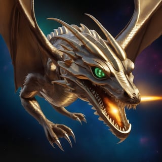 a dragon that is also a spaceship a metallic space ship shaped dragon flying through space at warp speeds,Disastartoon