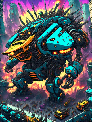 A massive looming gigantic killer robot, rampaging through a crowded city, smashing buildings, people fleeing in terror,  ultra intricate mechanical parts wires gears intricate inner workings, psychedelic to the max, best quality, CartooNuclear Meltdown style,2D