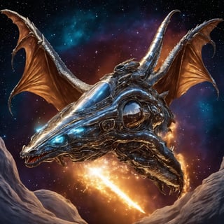 a dragon that is also a spaceship a metallic space ship shaped dragon flying through space at warp speeds,Disastartoon