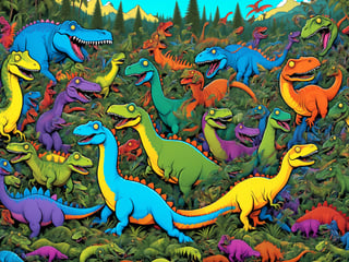 Dinosaurs, insane crazy whimsical wacky comical crazy cartoon Dinosaur debauchery, jam packed jurassic fantastic classic, comic cartoon psychedelic silly wonder, intricate, ultra-detailed, best quality, CartooNuclear Meltdown style, ,alien