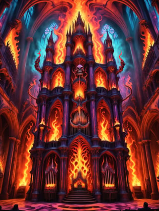 A crazy man playing a demon possessed hellish pipe organ, inside a creepy cathedral, with psychedelic flames shooting out of the pipes, phantoms, gothic, best quality, CartooNuclear Meltdown style 