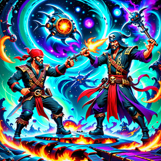 A ninja fighting a pirate in a duel to the death on a spaceship space pirate ship space ninjas, InsaniToon style ,InsaniToon style 
