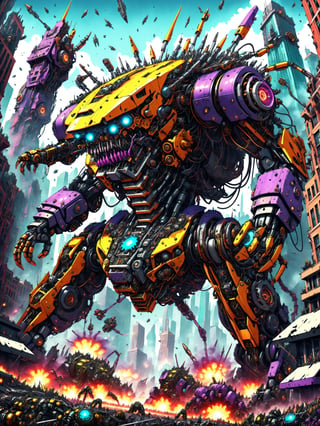 A massive looming gigantic killer robot, rampaging through a crowded city, smashing buildings, people fleeing in terror,  ultra intricate mechanical parts wires gears intricate inner workings, psychedelic to the max, best quality, CartooNuclear Meltdown style