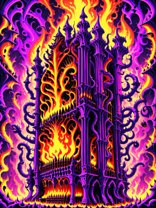 A demon possessed hellish pipe organ, playing itself with psychedelic flames shooting out of the pipes, phantoms, gothic, best quality, CartooNuclear Meltdown style 