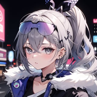 1girl, solo, grey_hair, eyewear_on_head, grey_eyes, jacket, looking_at_viewer, choker, ponytail, sunglasses, fur_trim, long_hair, parted_lips, open_clothes, bangs, black_jacket, open_jacket, long_sleeves, SilverWolfV5, neon city at background, retrowave, ear piercing, rich colours, avatar, cool, detailed face, portrait, 45°