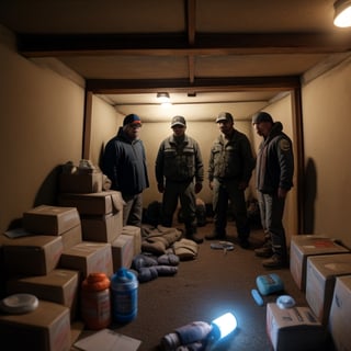 a group of four preppers in their bunker full of supplies and flashlights