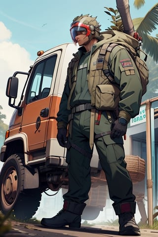 Quetzal wearing rescue helmet and red uniform standing next to his rescue vehicle. female character