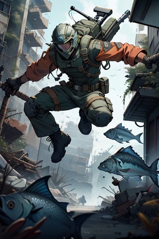 Barracuda fish wearing rescue uniform and helmet, with his demolition tools in his hands
