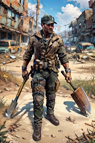 Mexican prepper man in an apocalypse with his evacuation backpack and an ax