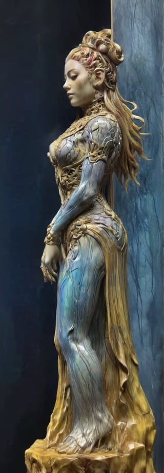 a close up of a statue of a woman, digital art, inspired by tomasz alen kopera, gothic art, intricate skeletal decorations, 8 k highly detailed, a detailed full body photo of a female cyborg with red and blue metal, beautiful French girl, side on facing veiwer with cosmic stars in her and colorfull color light particles cosmic back ground,dripping paint,cyborg style,a girl formed of colored glaze,b3rli,wood carving style