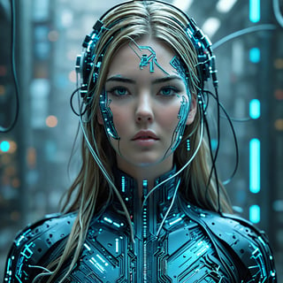 Impressive cyberpunk style art, female neuromancer, (Kate Upton), long hair composed of cables,Game day battle face paint, many blue wires coming out of her head and legs, high-tech jacket composed of blue and aqua circuit boards, metal parts, prosthetic hands made of high-tech materials, full_body, A breathtaking masterpiece, Cyborg,circuitboard,ktrmkp