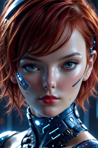 22 year old supermodel face, short red hair, fascinating future cyborg woman, fine traces of electronics under skin, cyborg elements in pleasing blue tones, detailed patterns on skin, high tech helmet and collar, electrical traces on cheeks, glowing lines under skin on nose and chin, sensual expression, eyes looking at camera, face angled from camera, (close up of face), realistic, high skin detail, red lips, soft illumination