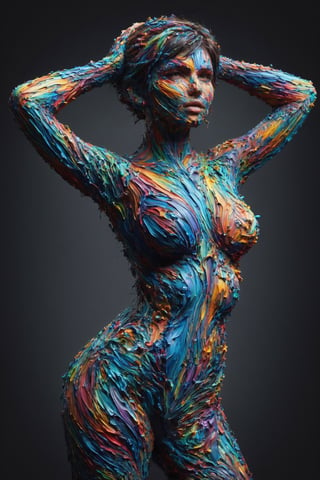 All Paint is thick and rainbow colors, multiple layers of long flowing strokes of acrylic paint, 4k, a sensual brunette, pixie cut, short hair, (arms above head:1.3),woman covered in thick paint strokes, emily ratajkowski face coverd in paint, she is looking sensually at the viewer, (her eyes are directed at the viewer:1.2), large breasts covered in paint, every curve of her body is accentuated by the thick paint brush strokes, face covered in paint, hips covered in paint, legs covered in long sensual paint strokes, ((Black background)),shoulders and arms covered in vibrant paint, blue paint, green paint, teal paint, purple paint, aqua paint, (full_body:1.2),covered with ais-acrylicz