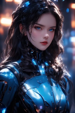 Best picture quality, high resolution, 8k, realistic, sharp focus, realistic image of elegant lady, beauty, supermodel, blue eyes, wearing high-tech cyberpunk style blue Batgirl suit,  1girl, ((Jessica Biel:0.5),(Megan Fox:0.5)), radiant Glow, sparkling suit, mecha, perfectly customized high-tech suit, ice theme, custom design, 1 girl,swordup, looking at viewer,JeeSoo ,Mecha,Cyberpunk