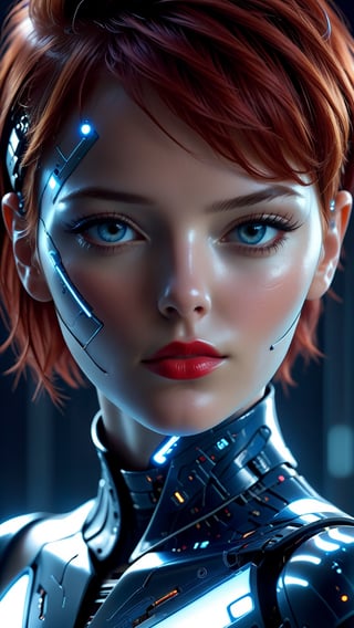 22 year old supermodel face, short red hair, fascinating future cyborg woman, fine traces of electronics under skin, cyborg elements in pleasing blue tones, detailed patterns on skin, high tech helmet and collar, electrical traces on cheeks, glowing lines under skin on nose and chin, sensual expression, eyes looking at camera, face angled from camera, (close up of face), realistic, high skin detail, red lips, soft illumination