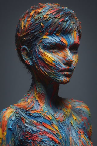 All Paint is thick and rainbow colors, multiple layers of long flowing strokes of acrylic paint, 4k, a sensual brunette, pixie cut, short hair, woman covered in thick paint strokes, emily ratajkowski face coverd in paint, she is looking sensually at the viewer, (her eyes are directed at the viewer:1.2), large breasts covered in paint, every curve of her body is accentuated by the thick paint brush strokes, face covered in paint, hips covered in paint, legs covered in long sensual paint strokes, shoulders and arms covered in vibrant paint, (full_body:1.2),covered with ais-acrylicz