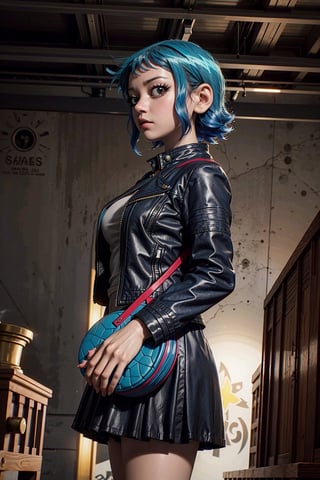 Highly detailed, High Quality, Masterpiece, beautiful,(medium long shot), game cg, 1girl, 22 yro, solo, girl focus, looking at viewer, low angle, anime coloring, normal size eyes, (Ramona Flowers, Mary Elizabeth Winstead), two-tone_hair, wise, courageous, blue hair, brown eyes, jacket, purple blue striped sweater, skirt, science fiction steam punk, 2k resolution,RamonaFlowers