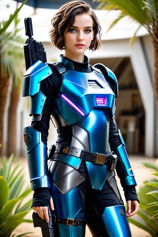 A realistic photo of Art3mis from the book "Ready Player One", Include details about her appearance, 20 years old, teen nerd dream girl, intriguing face, blue eyes, compact hourglass figure, and science fiction (gun metal blue:1.1) armor within the Oasis, short raven hair, science fiction gun belt with holsters each hip, fantasy sword on her back, googles or glasses on forehead, Be sure to convey her captivating and charismatic presence, detailed skin, natural skin, full_body,DonMCyb3rSp4c3XL,score_9