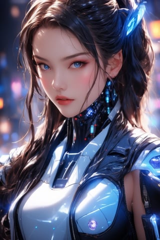 Best picture quality, high resolution, 8k, realistic, sharp focus, realistic image of elegant lady, beauty, supermodel, blue eyes, wearing high-tech cyberpunk style blue Batgirl suit,  1girl, ((Jessica Biel:0.5),(Megan Fox:0.5)), radiant Glow, sparkling suit, mecha, perfectly customized high-tech suit, ice theme, custom design, 1 girl,swordup, looking at viewer,JeeSoo ,Mecha,JeanneLancer,Cyberpunk