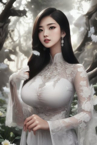 The image depicts a beauty vietnamese girl in white ao dai with her beauty lovely face smiling, standing outdoors amidst ethereal lighting. She is wearing a long, white ao dai with intricate designs on the sleeves.  She is standing in an outdoor setting that appears to be a garden or forest, with trees and rocks visible in the background. Ethereal beams of light filter through the trees, casting an otherworldly glow on the scene. There's a mystical or serene atmosphere created by the combination of natural elements and lighting.,Ao Dai,ao dai,dress,woman,Young beauty spirit ,Vietnamese,Jun_v1, gigantic breasts, huge breasts,  5 foot tall girl, epic tits, short_girl