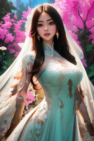 The image depicts a beauty vietnamese girl in white ao dai with her beauty lovely face smiling, standing outdoors amidst ethereal lighting. She is wearing a long, white ao dai with intricate designs on the sleeves.  She is standing in an outdoor setting that appears to be a garden or forest, with trees and rocks visible in the background. Ethereal beams of light filter through the trees, casting an otherworldly glow on the scene. There's a mystical or serene atmosphere created by the combination of natural elements and lighting.,Ao Dai,ao dai,dress,woman,Young beauty spirit ,Vietnamese,CarylAniV1