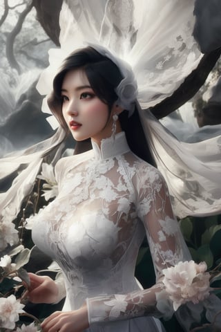 The image depicts a beauty vietnamese girl in white ao dai with her beauty lovely face smiling, standing outdoors amidst ethereal lighting. She is wearing a long, white ao dai with intricate designs on the sleeves.  She is standing in an outdoor setting that appears to be a garden or forest, with trees and rocks visible in the background. Ethereal beams of light filter through the trees, casting an otherworldly glow on the scene. There's a mystical or serene atmosphere created by the combination of natural elements and lighting.,Ao Dai,ao dai,dress,woman,Young beauty spirit ,Vietnamese,Jun_v1, gigantic breasts, huge breasts,  5 foot tall girl, epic tits