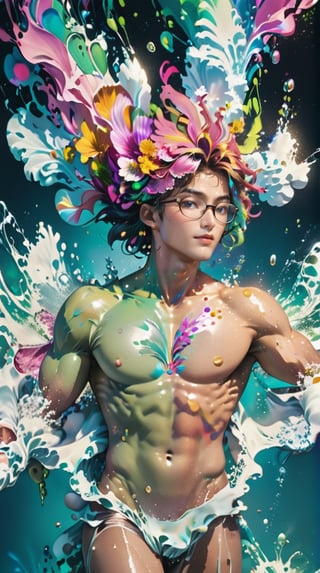 Beatiful steam-like handsome, muscular, Korean male model with glasses, man with colorful flowy hair and body resembling steam in water, work of beauty and complexity, ghostcore, prismatic glow elements, fluidity, detailed face, 8k UHD , man dancing, alberto seveso style, flower petals flying with the wind,photo r3al,Leonardo Style,niji style,ghibli,illustrator