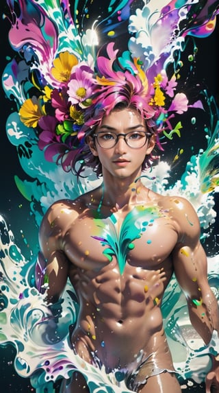 Luxury steam-like handsome, muscular, Korean male model with glasses, man with colorful flowy hair and body resembling steam in water, work of beauty and complexity, ghostcore, prismatic glow elements, fluidity, detailed face, 8k UHD , man dancing, alberto seveso style, flower petals flying with the wind,photo r3al,Leonardo Style,niji style,ghibli,illustrator