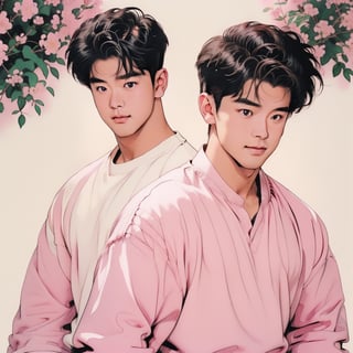 ((All_In_circle)),(1boy, photorealistic, asian, small eyes,muscular,chubby_chest, korean style,) blush,happy face, pastel_shirt,masterpiece,best quality ,(sakura_tree, pink_peony flowers), ((Diecut,white background,))Circle,watercolor,nijiboy,male 