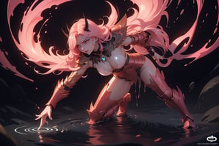 lmasterpiece, high quality, slime:0.7, close angle view,  full body of a beautiful mature demon  goddess tall 25 years old female, black horns, red eyes glowing, well detailled face, wearing ultradetailled stylish silver armor with lot of naked part,ready to fight stance, shiny orange eyes, shiny pink color hair with some wave curly, air flow dark magic spinning around, on a magic circle glowing,High detailed ,disgusted face,beautyniji